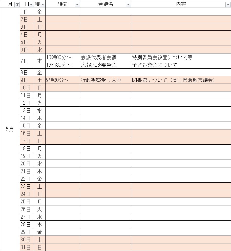 5月の予定