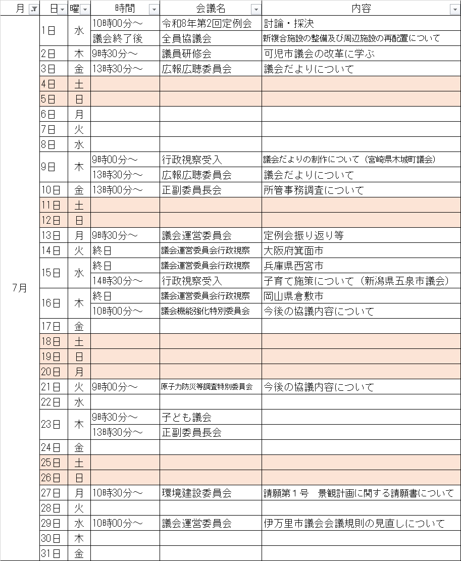 7月の予定