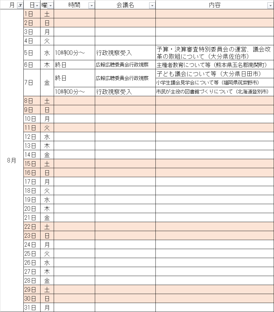 8月の予定
