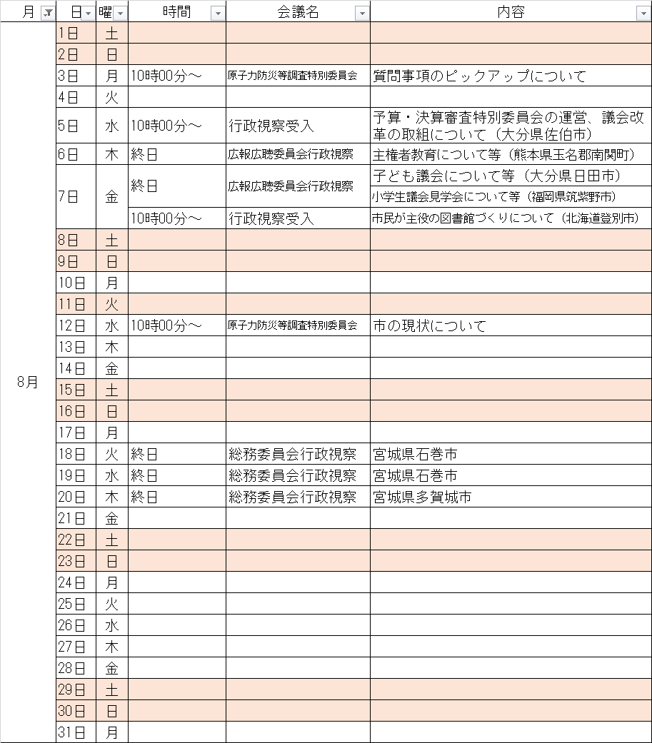 8月の予定